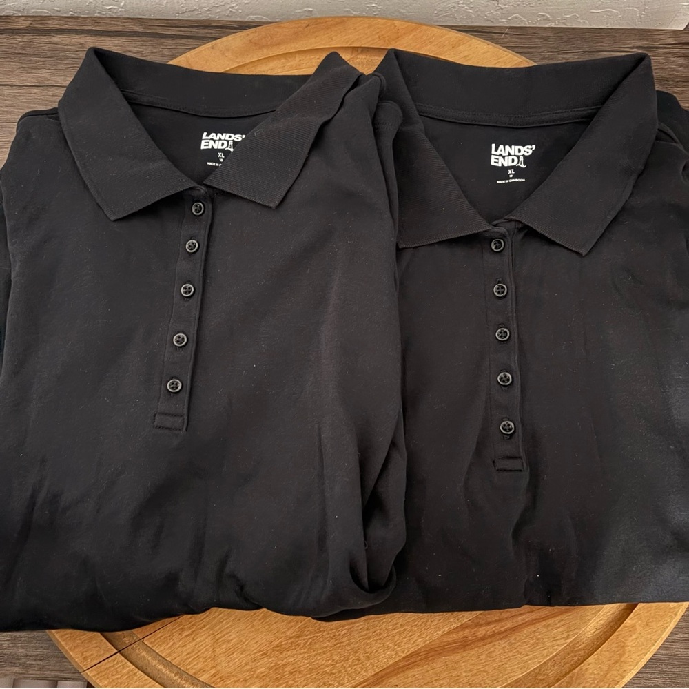 TWO Lands’ End Women Long Sleeve Polos Sz 1X 18 Black Cotton‎ Knit Preppy Basics